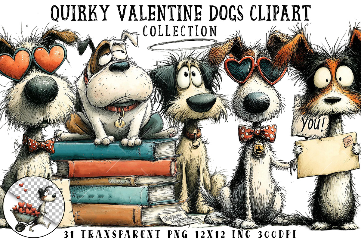 Quirky Valentine Dog Clipart, an Illustration by OK Design (Photo 1 of 6)