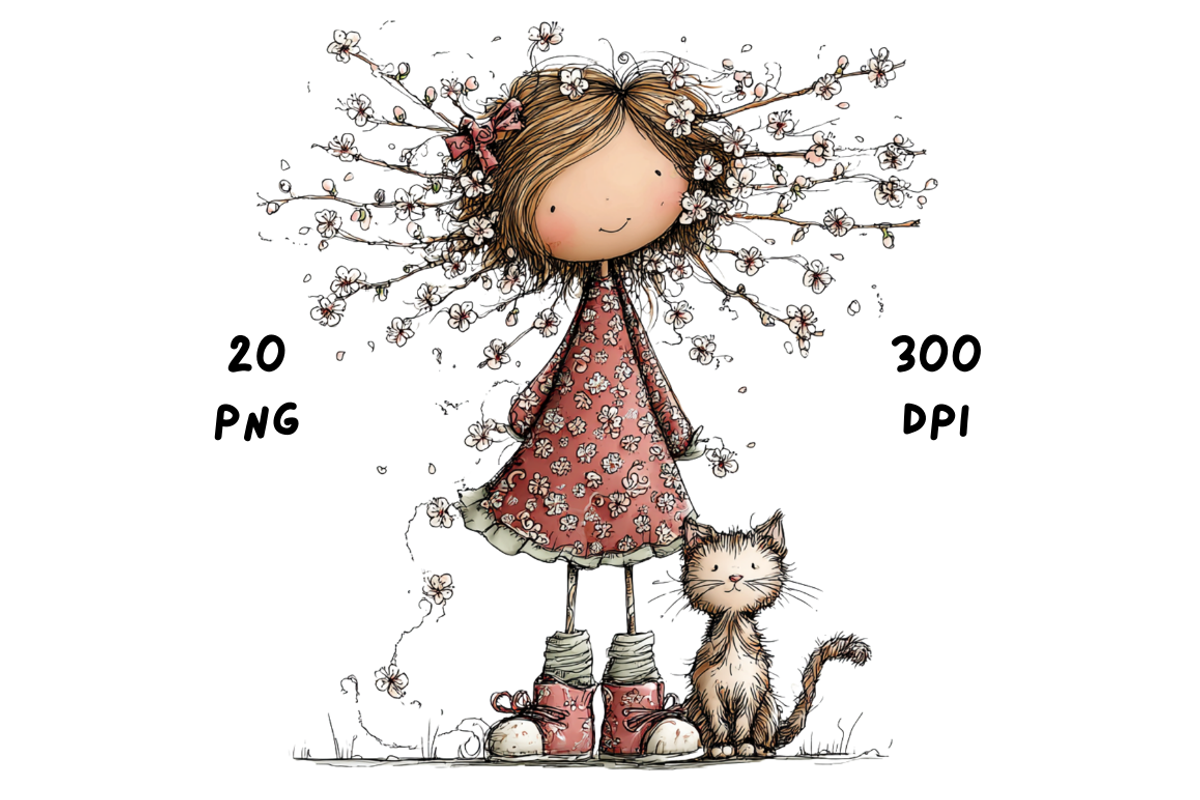 Whimsical Floral Girl & Kitten, an Animal Illustration by GiraffeCreative (Photo 5 of 20)