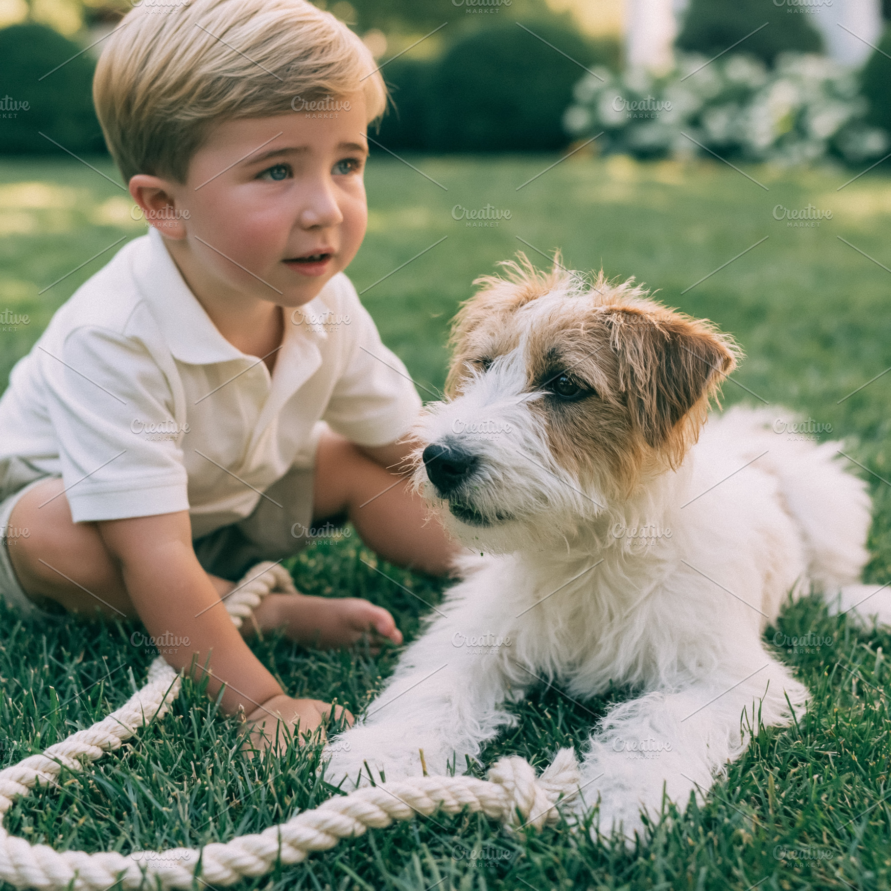 Young boy and loyal pet dog lying together on green grass, enjoy, a Person Photo by Studio ANNA