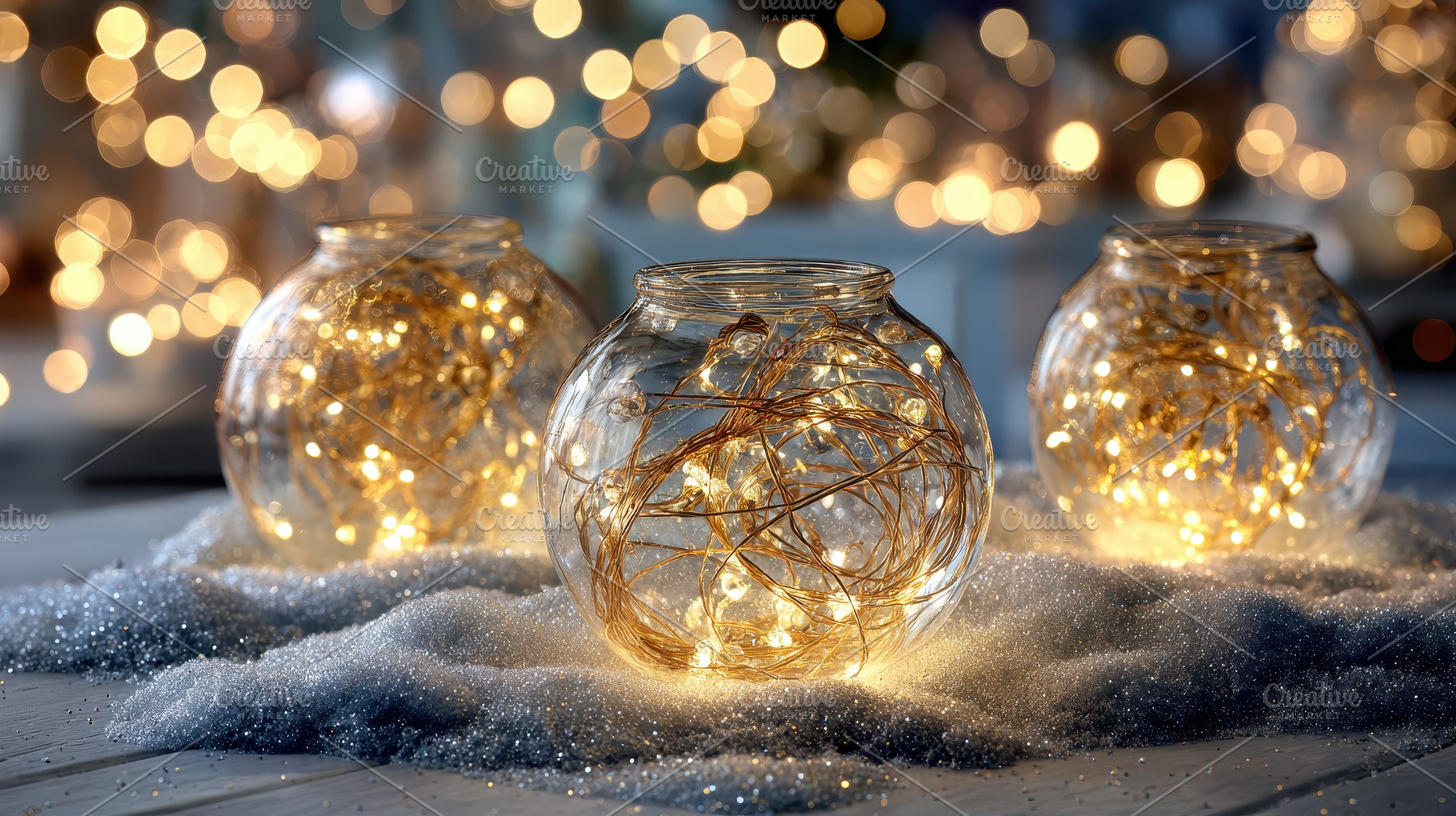 Festive Glass Jars Fairy Lights Wint, an Abstract Photo by Pixeness Studio