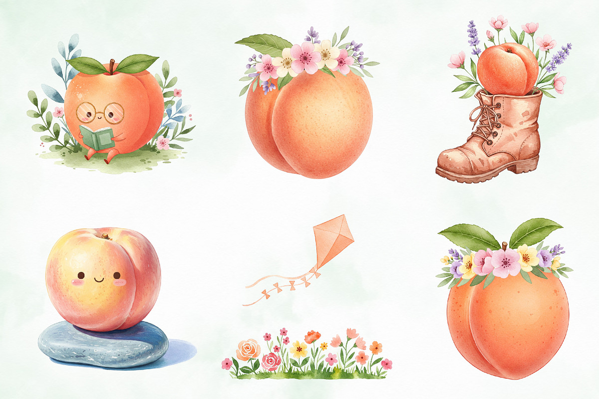 Watercolor Cute Peaches Garden Fruit, an Illustration by Creative Art (Photo 2 of 10)