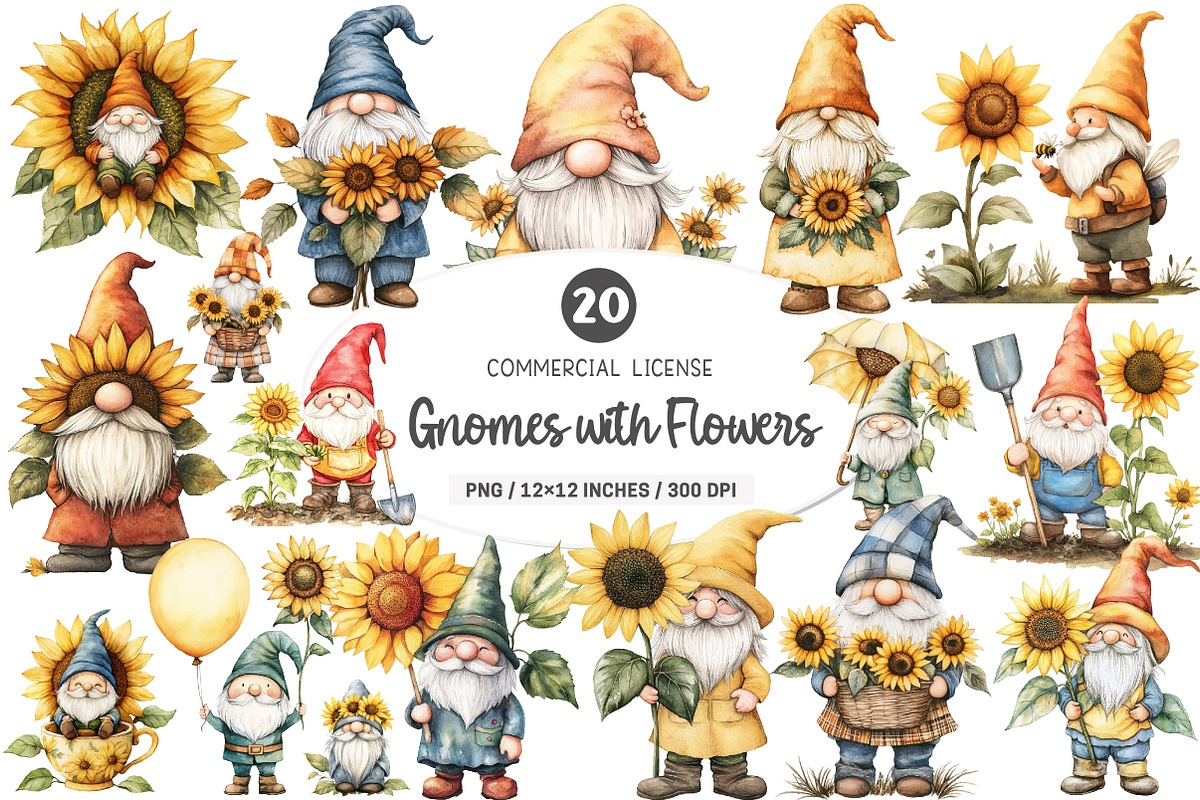 Adorable Gnomes with Flowers Clipart, an Illustration by SinaCreation (Photo 1 of 5)