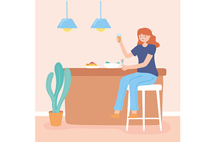 girl eating in kitchen, a Person Illustration by studiogstock
