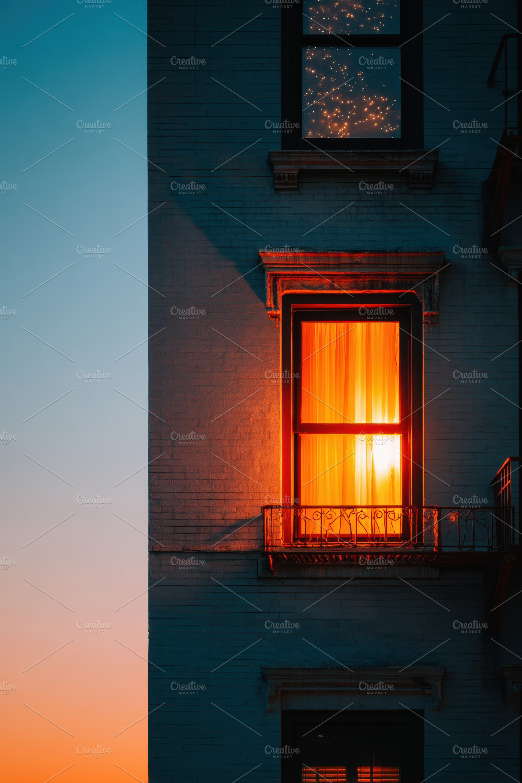 Glowing window at dusk with starry sky, an Architecture Photo by AlyaAnd