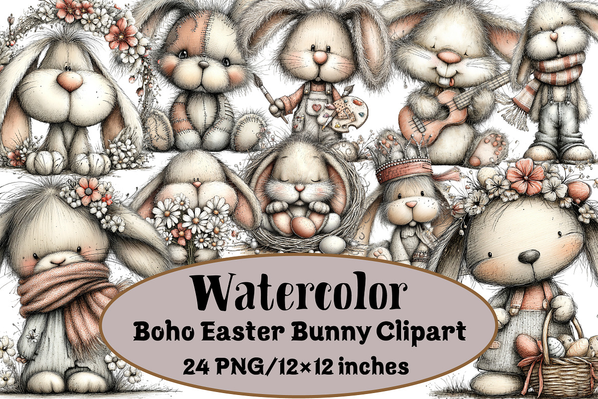 Boho Easter Bunny Clipart, an Illustration by Design Market (Photo 1 of 3)