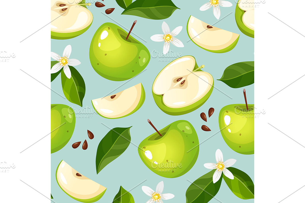 Green apple fruit seamless pattern, a Pattern Graphic by Elen_Art