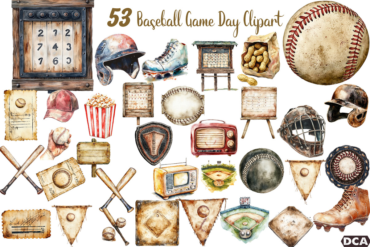 Vintage Baseball Game Day Clipart, an Illustration by DreamCafeArt (Photo 1 of 7)