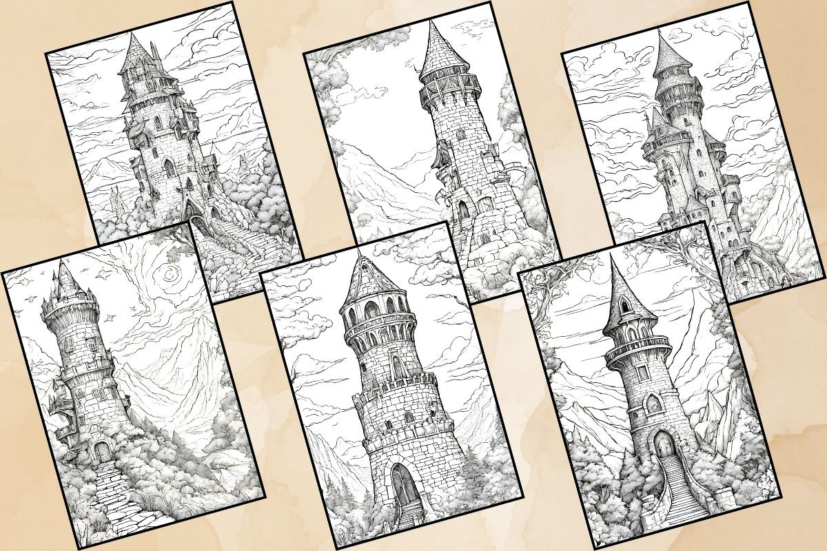 Fantasy Magical Tower Coloring Pages, an Illustration by Catchy Ideaz (Photo 3 of 3)