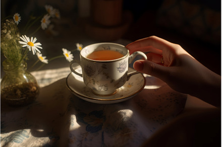 Hand cup tea chamomile. Generate AI, a Food & Drink Photo by Ylivdesign