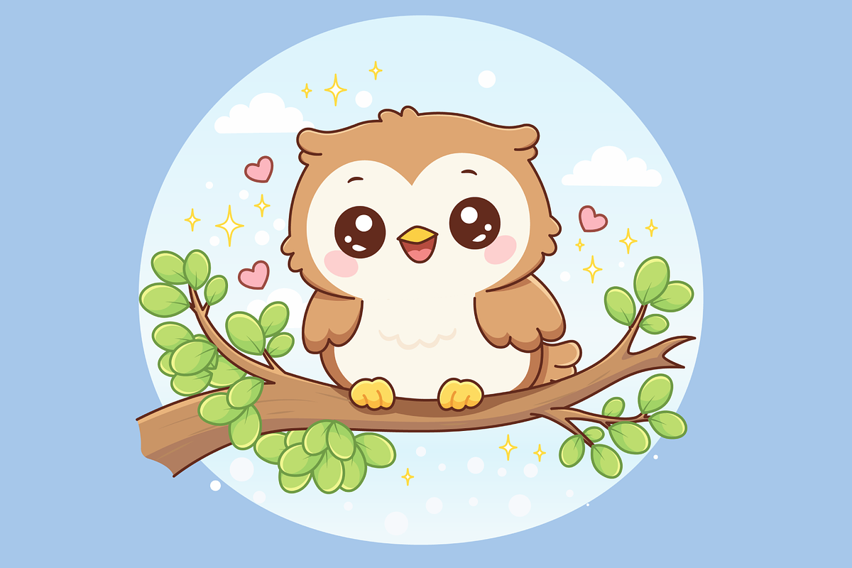 Cute Owl on Tree Branch Kawaii, an Animal Illustration by Artpon Illustration (Photo 2 of 3)