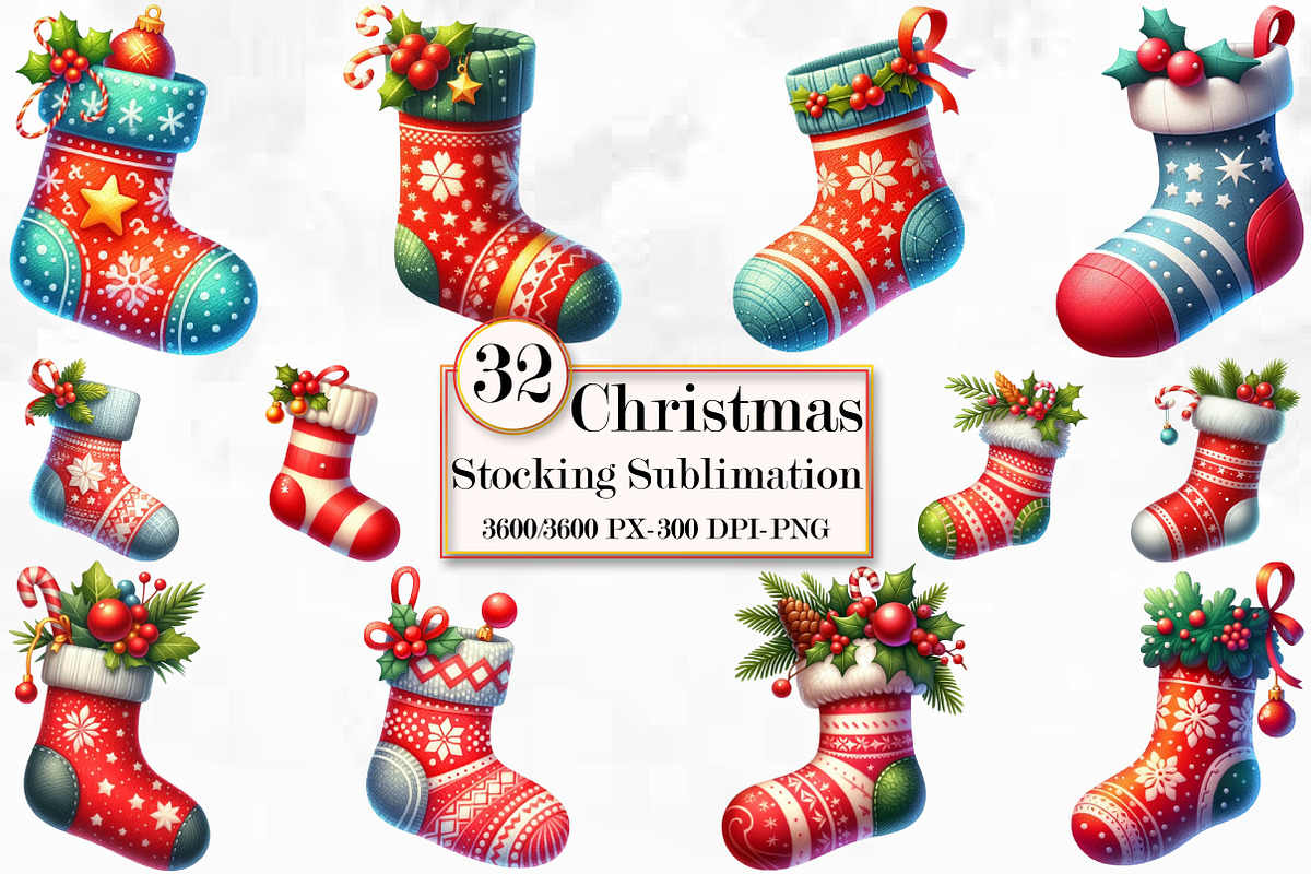 Christmas Stocking Sublimation Clipa, a Seasonal Illustration by Craft Nest (Photo 1 of 5)