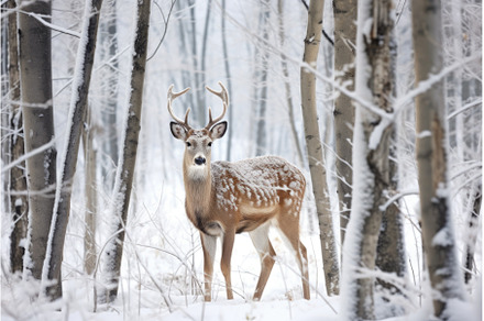 a deer grazing in a snowy forest