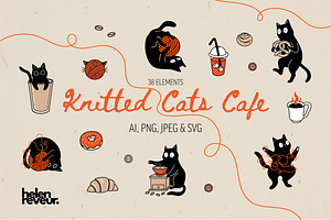 Knitted Cat Cafe Illustrations Set