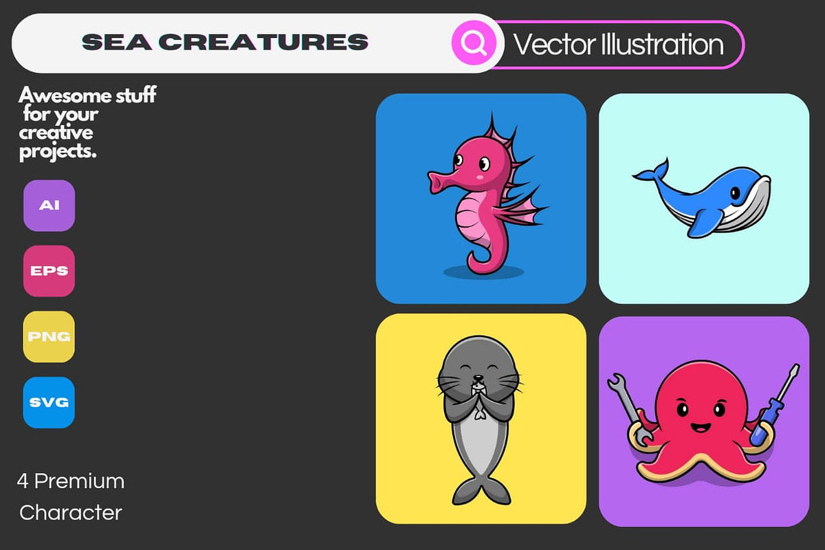 Sea Creatures Cartoon Vector Icons, an Animal Illustration by Artstorystudio (Photo 1 of 5)