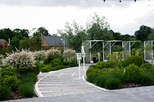 Beautiful landscaped garden with modern decor and lush green vegetation, a Photo by AS photostudio