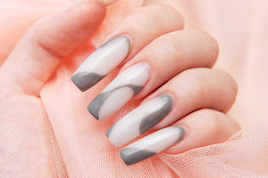 Woman's hand with long pink and gray nail art, a Beauty & Fashion Photo by Olena Rudo