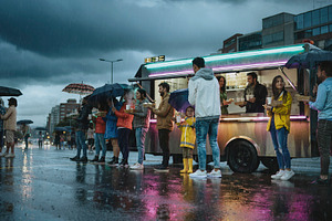 People queuing at food truck on rainy evening, a Person Photo by DanFLCreativo