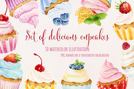 Set of delicious watercolor cupcakes