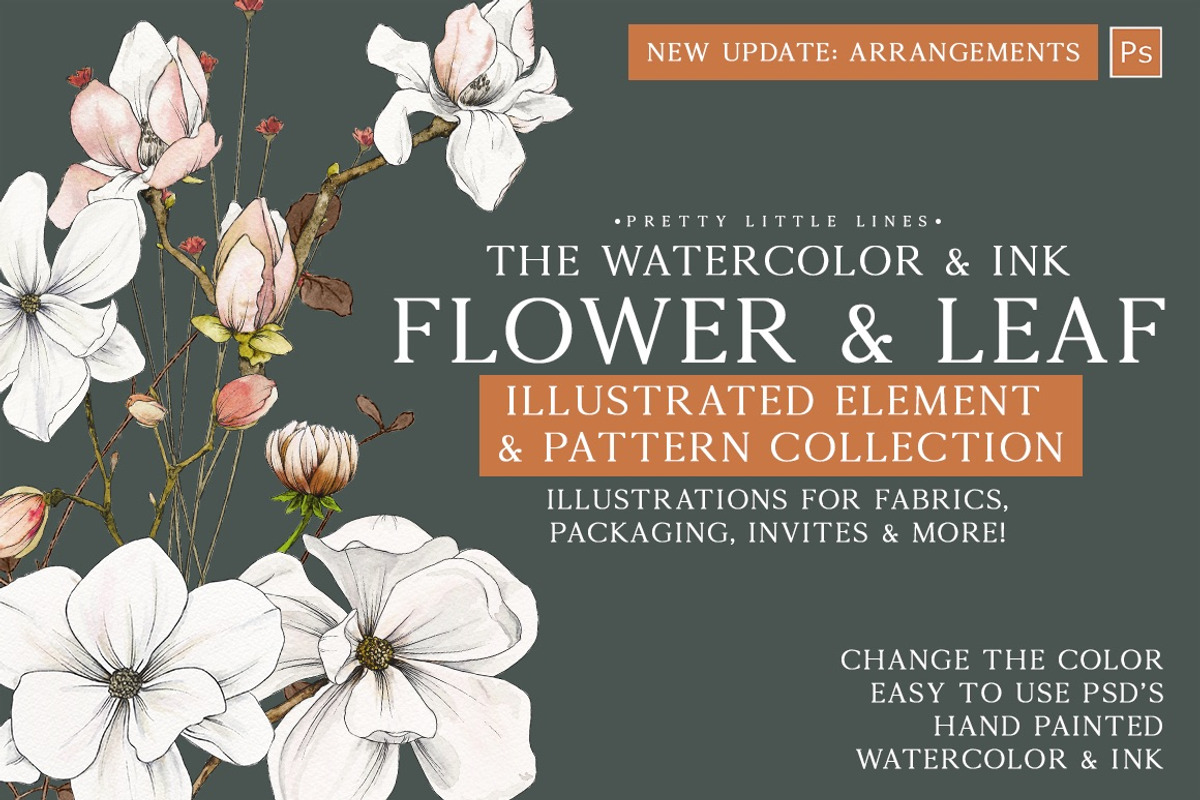 The Watercolor & Ink Flower & Leaf, an Object Graphic by Pretty Little Lines (Photo 1 of 11)
