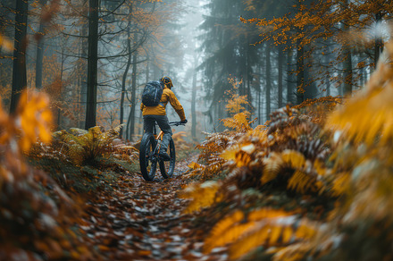 Mountain Biker Riding Through Misty Autumn Forest Trail