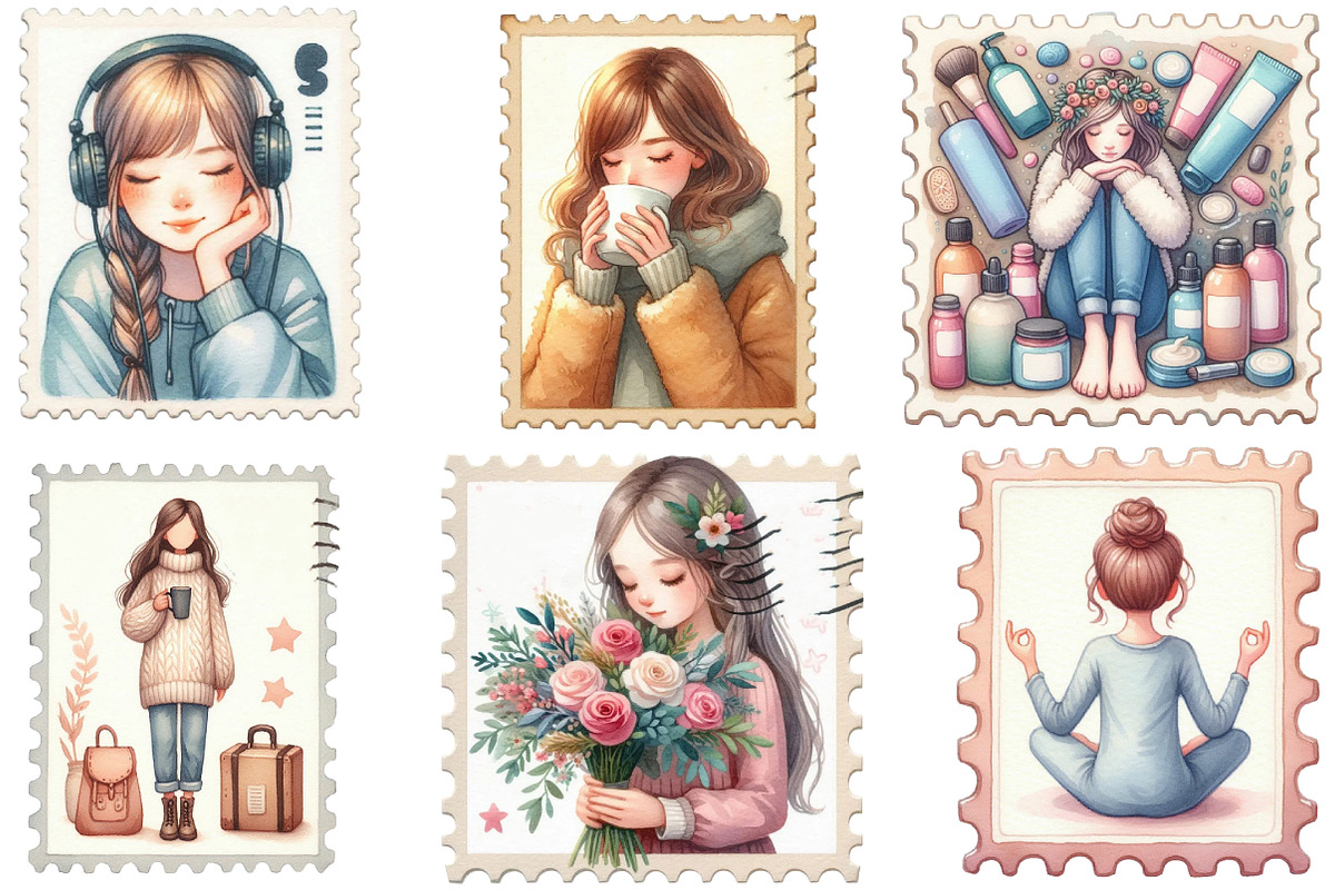 Watercolor Girl Self Care Postage, an Illustration by Designking (Photo 3 of 5)