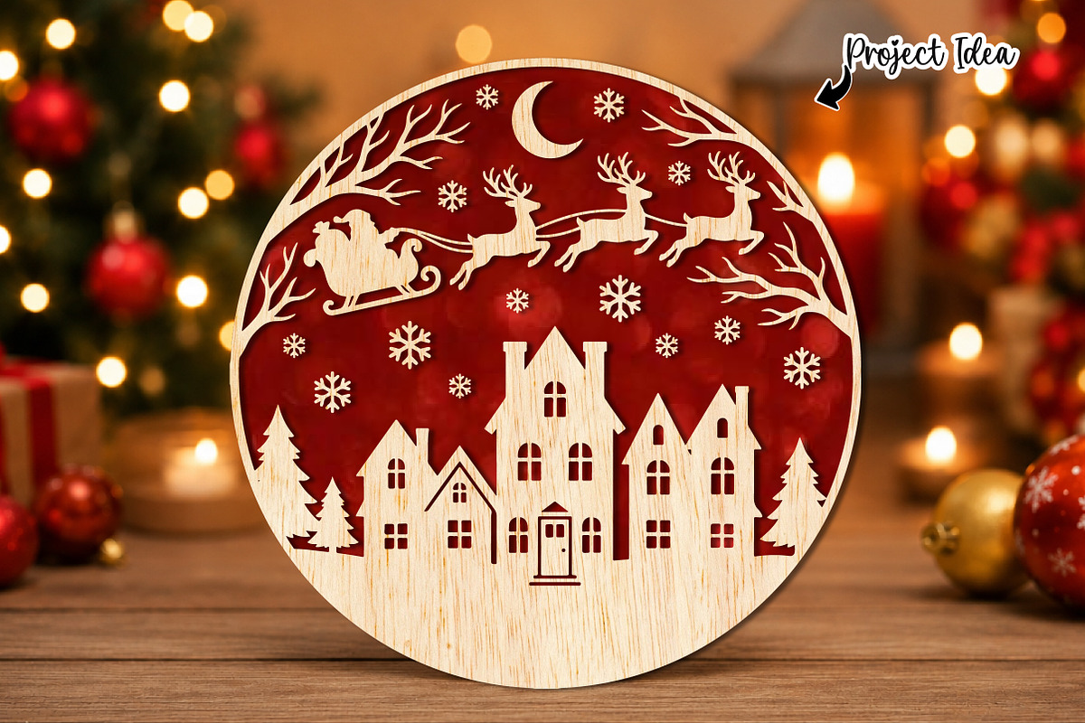 Christmas Village Round Laser Cut, an Object Graphic by OK Design (Photo 1 of 3)