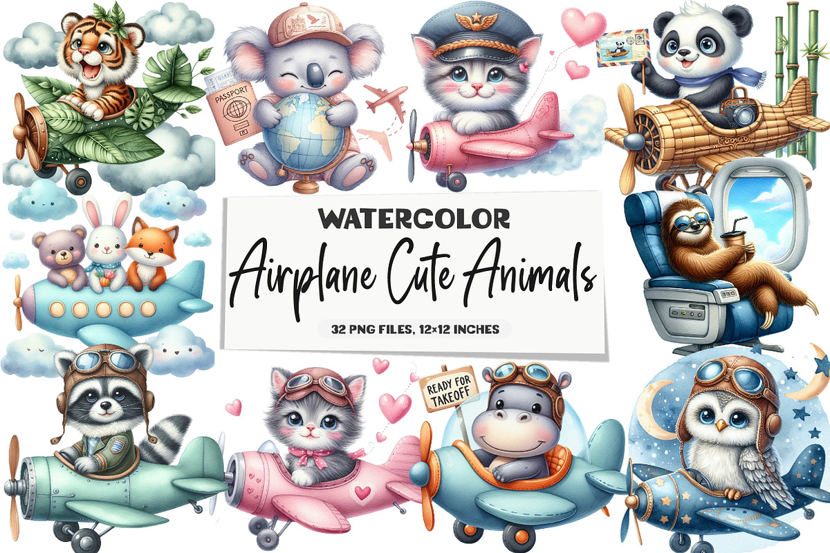 Airplane Watercolor Clipart Cute Ani, an Illustration by DreamArtGraphic (Photo 1 of 4)