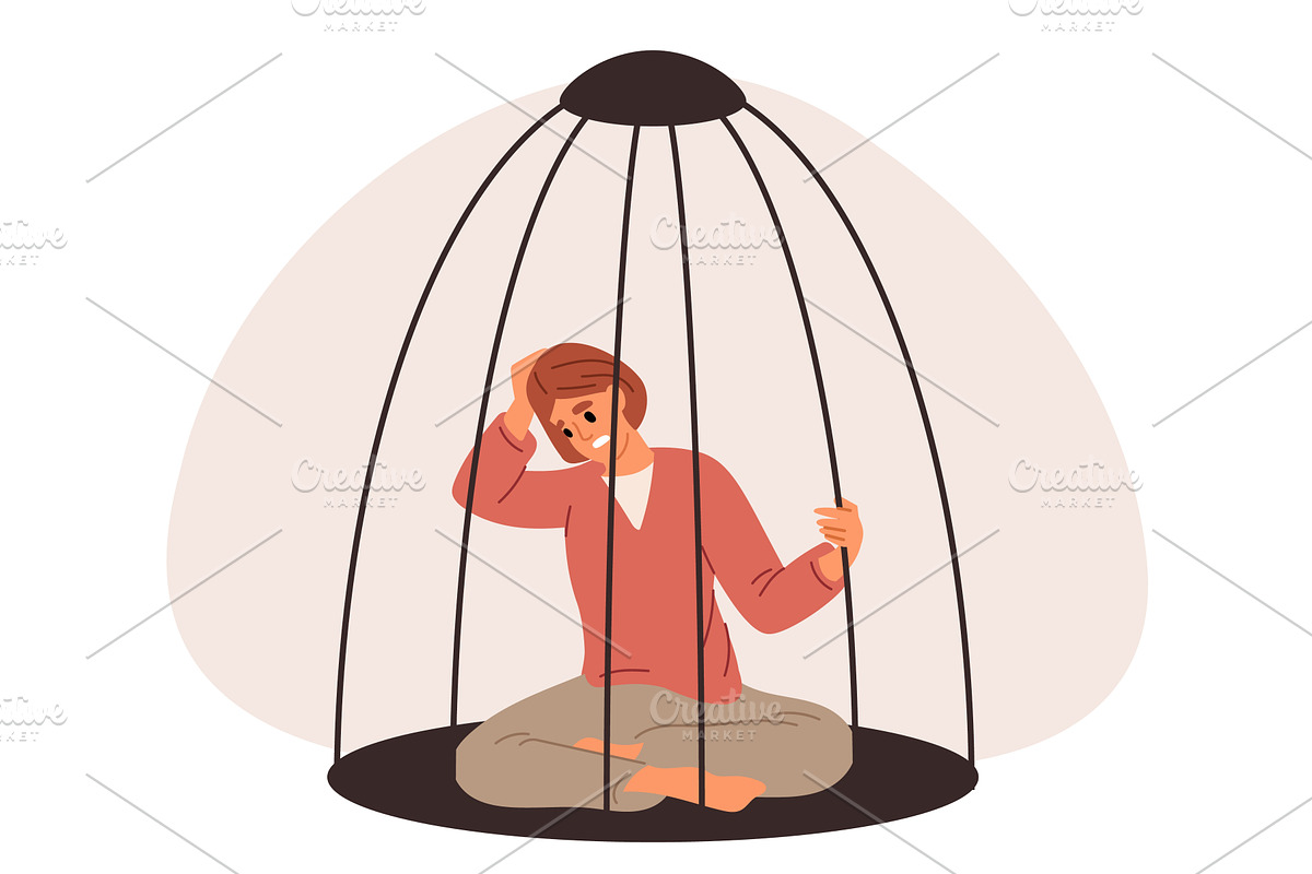 Sad woman sits in cage. Limitation, a Person Illustration by Vectorbuum