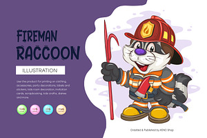 Cartoon Raccoon Fireman. T-Shirt., an Animal Illustration by KENO Mascots