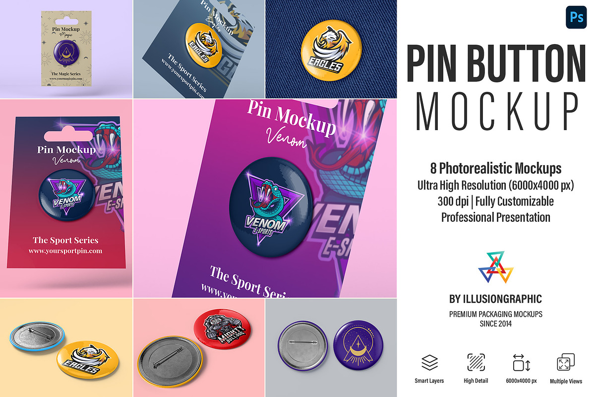 Pin Button Mockup - 8 Views, an Advertising Mockup by Illusiongraphic (Photo 1 of 23)