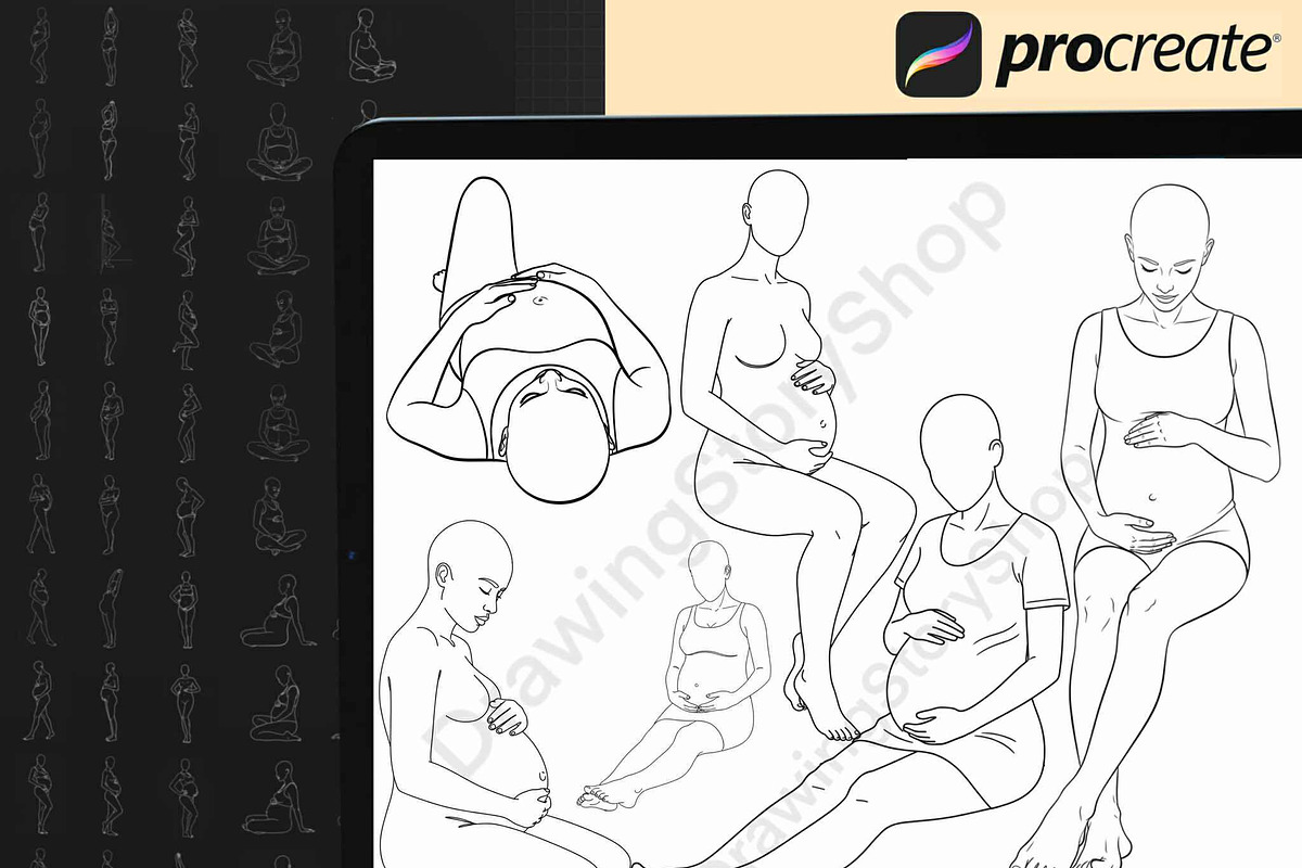 200 Pregnant Procreate pose stamps, a Brush Add-On by DrawingStoryShop