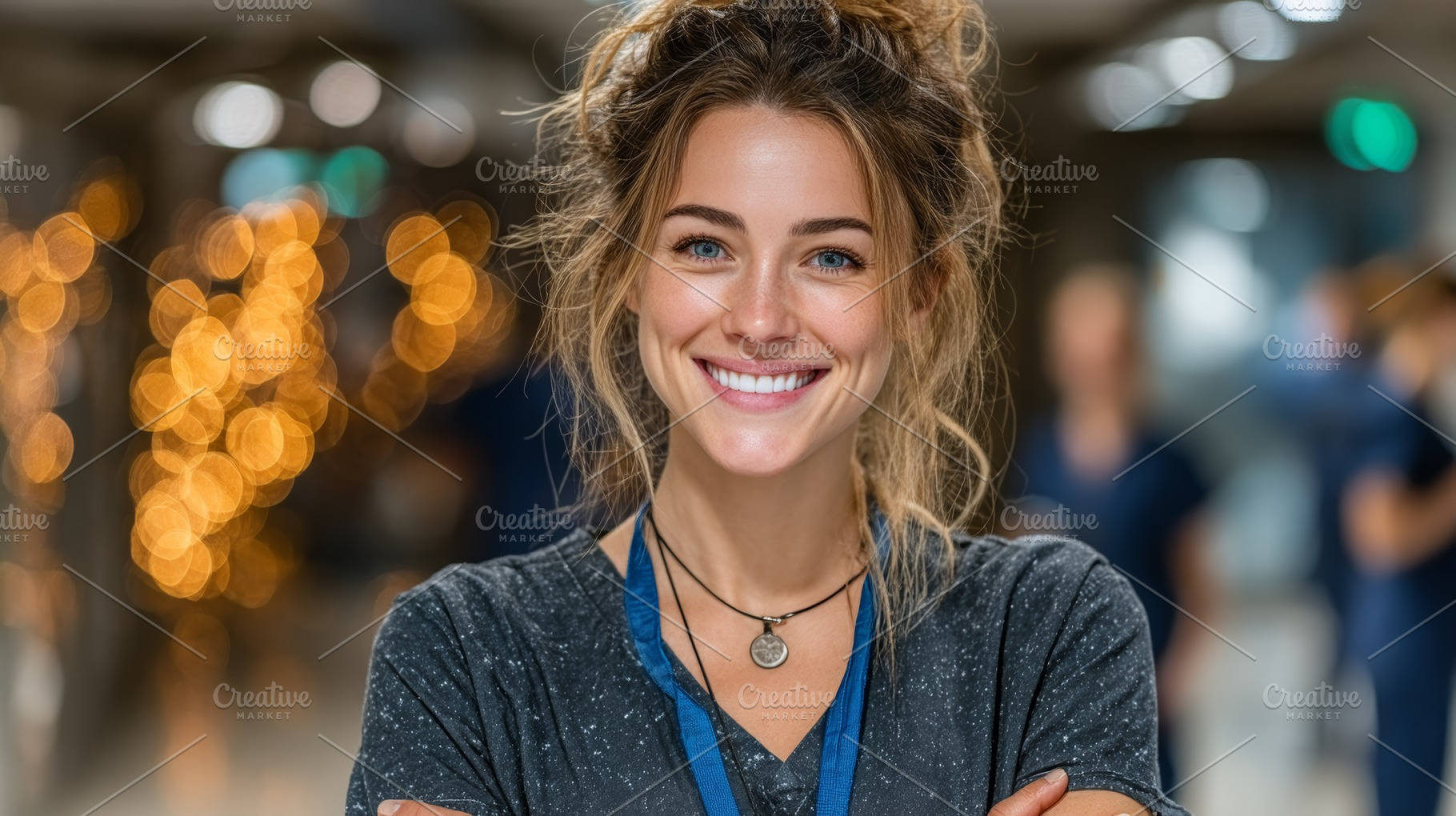 Confident female healthcare professional smiling in a hospital corridor with sc, a Health & Medical Photo by AS photostudio