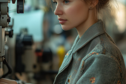 A young garment technologist woman with light hair, wearing a stylish gray jack, a Person Photo by Textures & Backgrounds