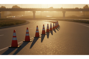 Line of orange traffic cones runs, a Transportation Photo by Igor Tichonow
