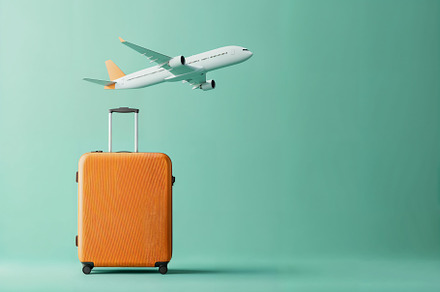 Orange suitcase with airplane overhead during travel, a Holiday Photo by OSORIOartist