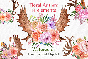 Watercolor Floral Antlers Clipart