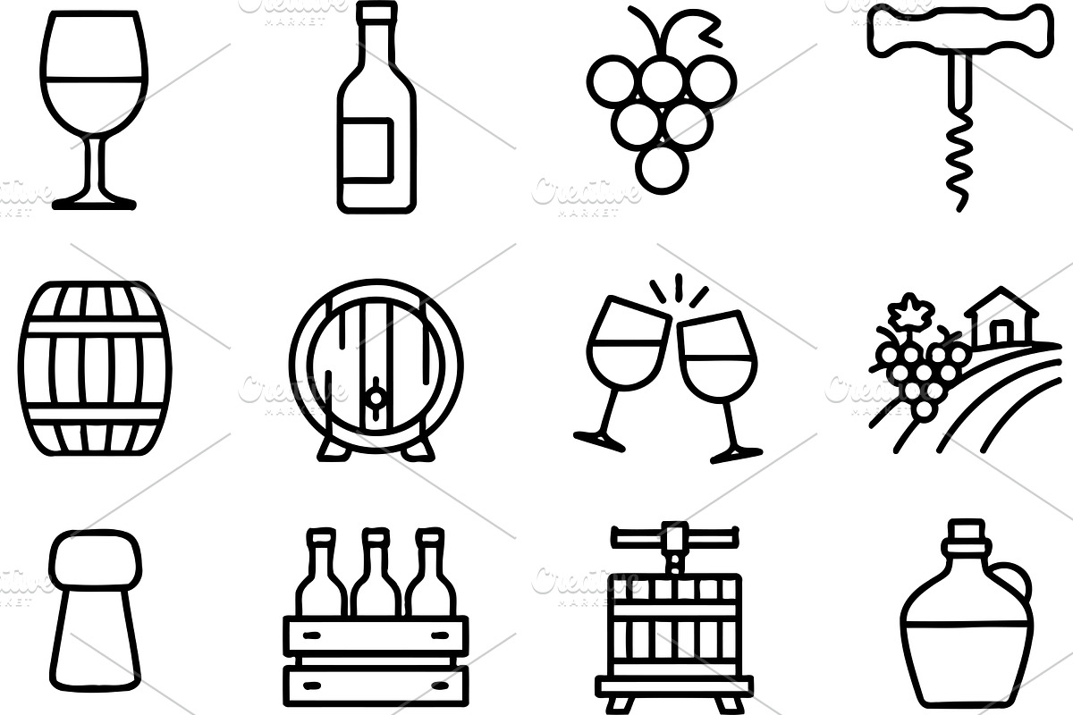 Vector line icons representing wine, a Food Illustration by ZinetroN