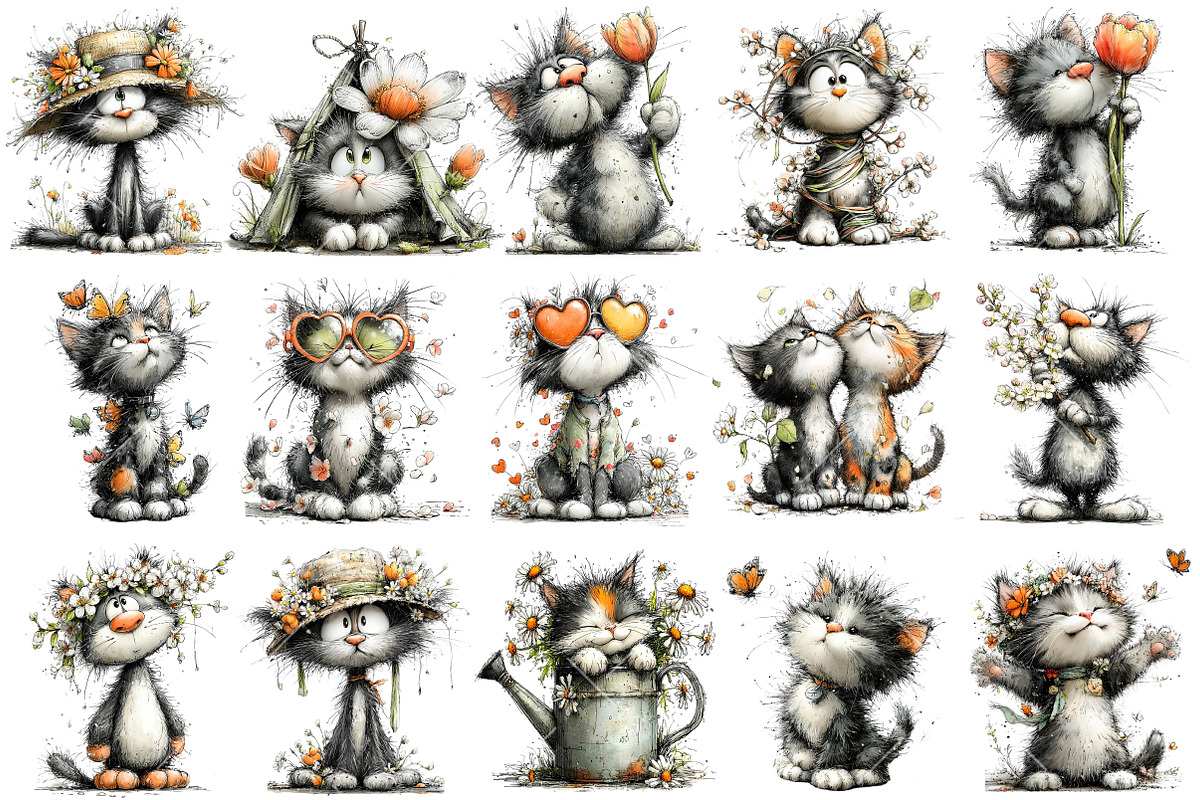 Whimsical Spring Cat Clipart, an Illustration by OK Design (Photo 3 of 6)