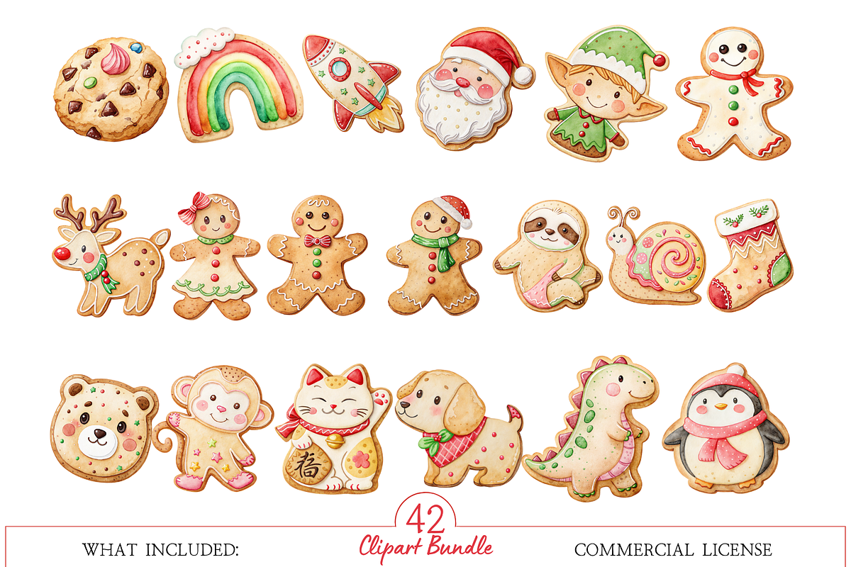 Watercolor Christmas Cookies Clipart, a Food Illustration by MockupWizard (Photo 3 of 5)