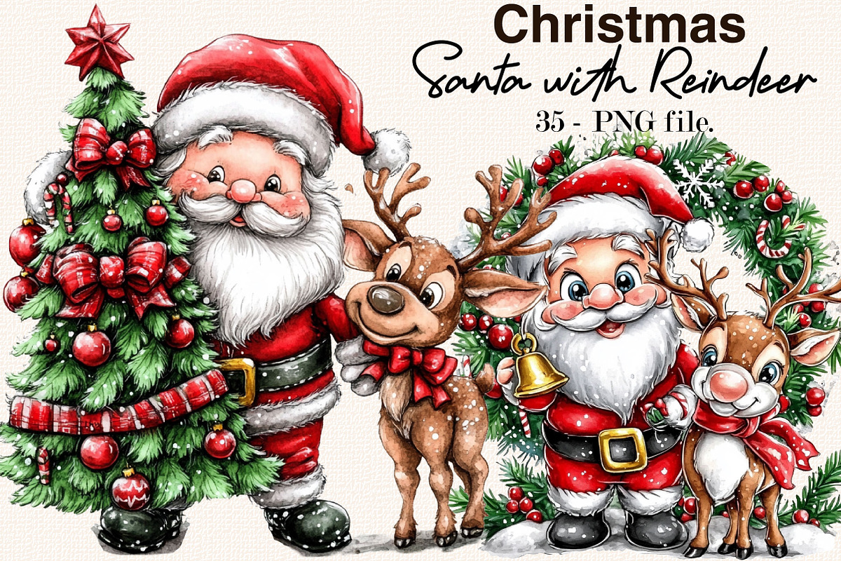 Whimsical Christmas Santa & Reindeer, a Seasonal Illustration by SVGArt (Photo 1 of 5)