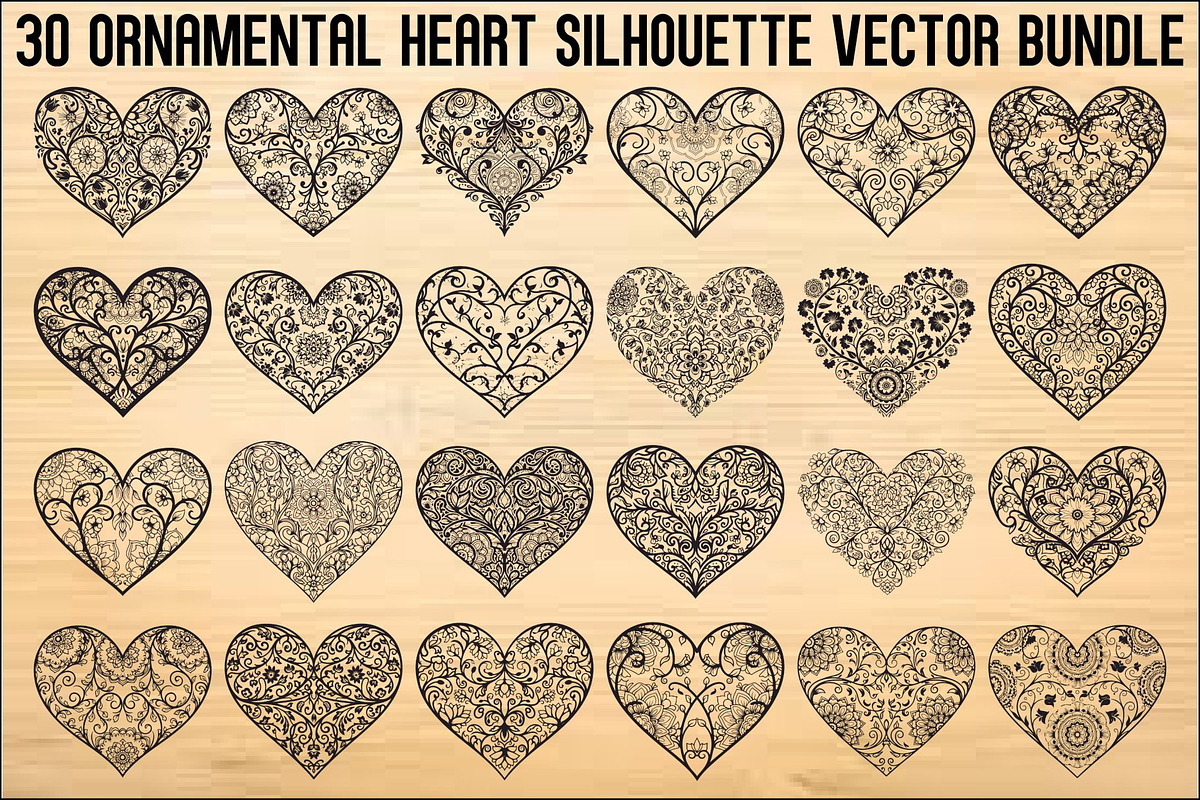 Ornamental Heart Silhouette Bundle, an Illustration by jahid234 (Photo 1 of 31)