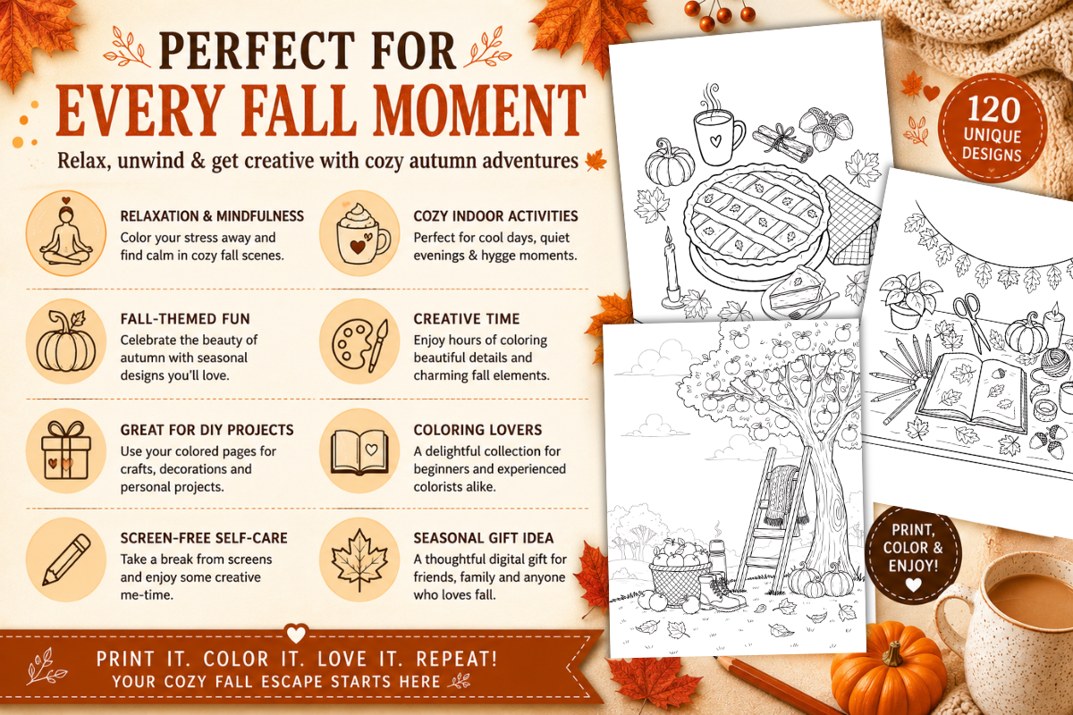 Cozy Fall Coloring Pages 120 Designs, a Seasonal Illustration by Daffodil Dream Studio (Photo 3 of 3)