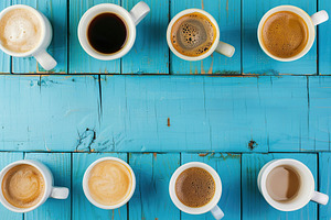 Flat lay of different cups of coffee with copyspace on wooden ta, a Food & Drink Photo by AlyaAnd