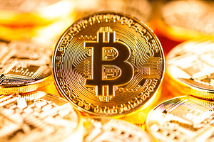 Golden bitcoin business background, a Technology Photo by FineArtStudio