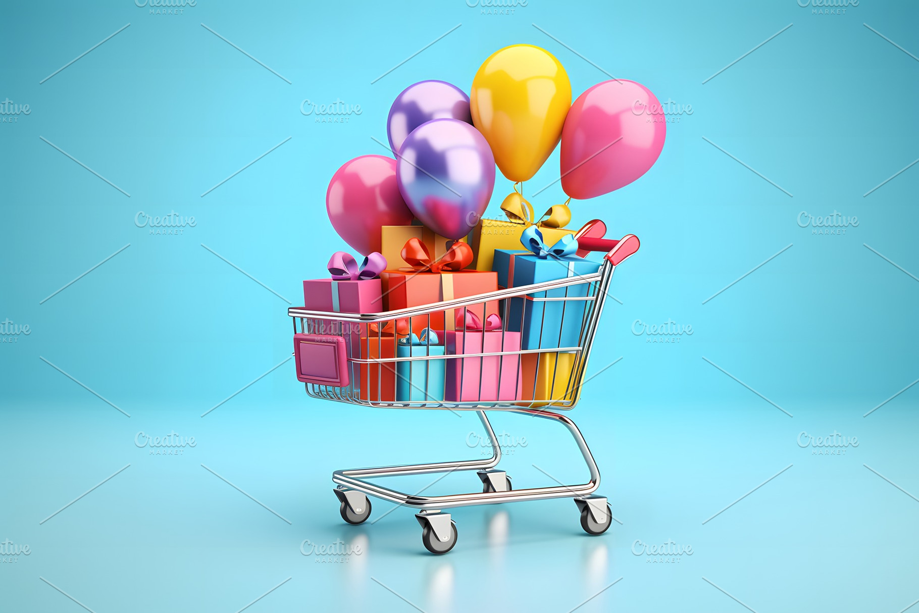 Shopping cart or basket on blue background with colorful wrapped gift boxes, a Holiday Photo by Lenor4ik