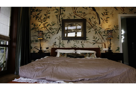 Bed in bedroom with walls with, an Architecture Photo by Media Whale Stock