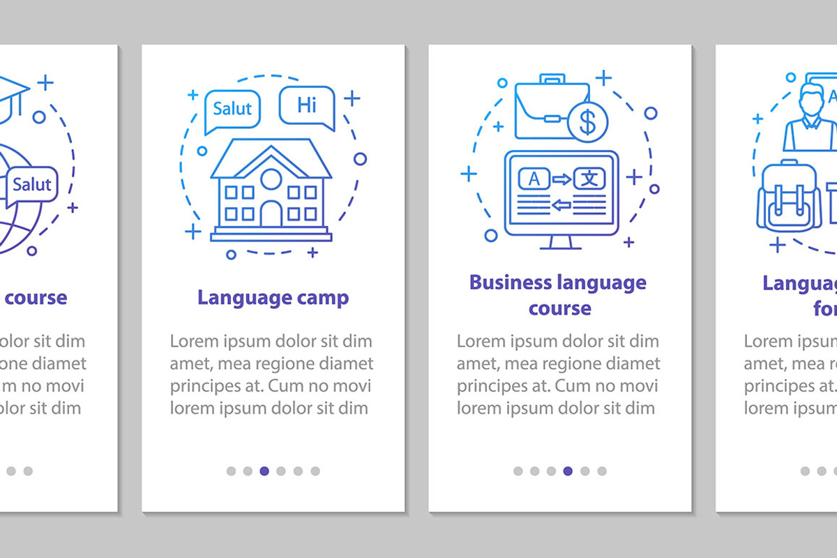 Language learning mobile app pages, a Templates & Theme by IMG Visuals