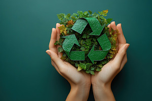 Ecology recycle icon with green leaves in human hands, a Photo by AlyaAnd