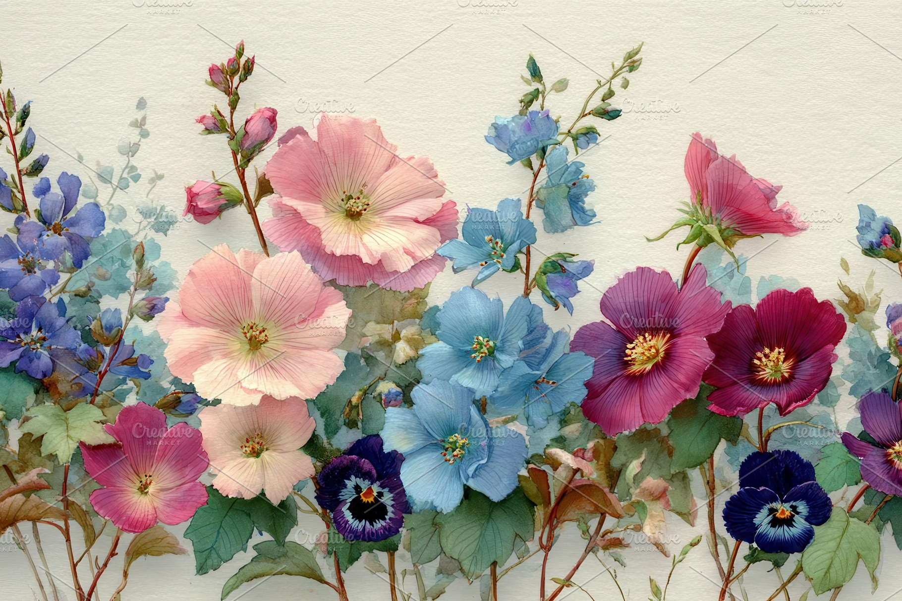 Watercolor painting of pink blue and, a Photo by Pixeness Studio