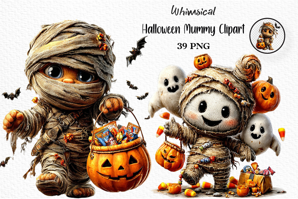 Whimsical Halloween Mummy Clipart, a Seasonal Illustration by Craft Nest (Photo 1 of 4)